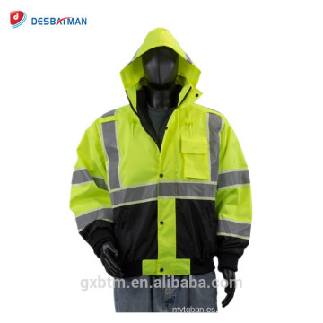 Chaqueta de visón 100% ANSI Poliéster Hola Invierno, Chaqueta reflectante de trabajo de seguridad verde con capucha enrollable